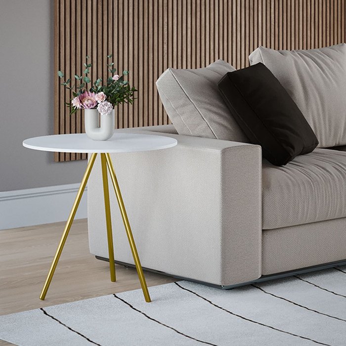 Mesa Lateral Decorativa Gabriela Base Dourada Tampo Redondo Branco Branco
