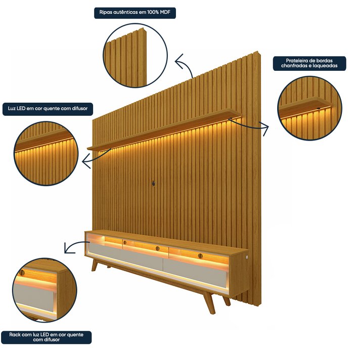 Rack com Painel Ripado para TV até 75 Polegadas LED 3 Gavetas