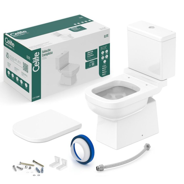 Kit Vaso Sanitário com Caixa Acoplada e Assento Soft Close Elite Celite Branco Brilhante