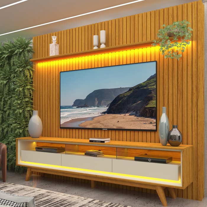 Rack com Painel Ripado para TV até 75 Polegadas LED 3 Gavetas